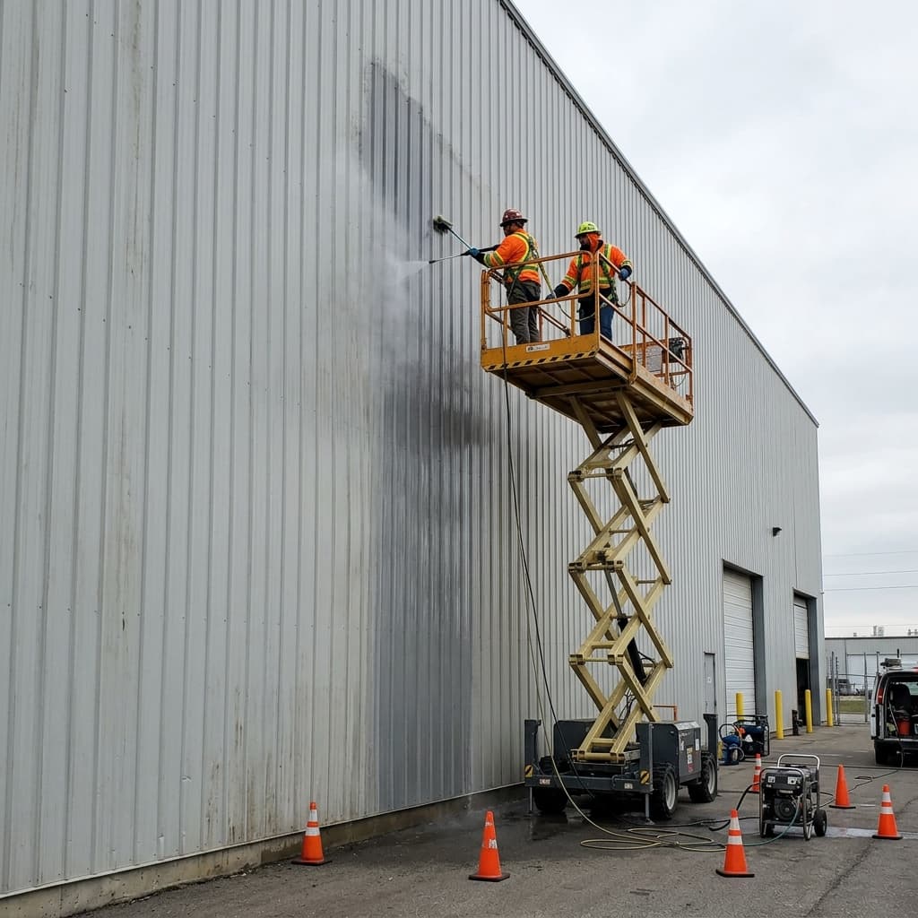 Equipe em plataforma elevatória tipo tesoura limpando fachada metálica